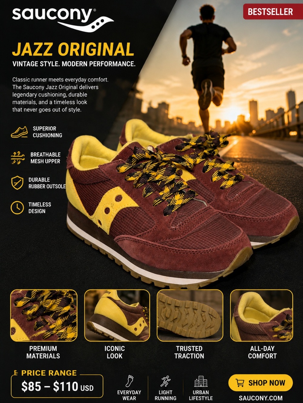 Saucony Jazz Original sneakers burgundy yellow retro runner shoe streetwear vibe